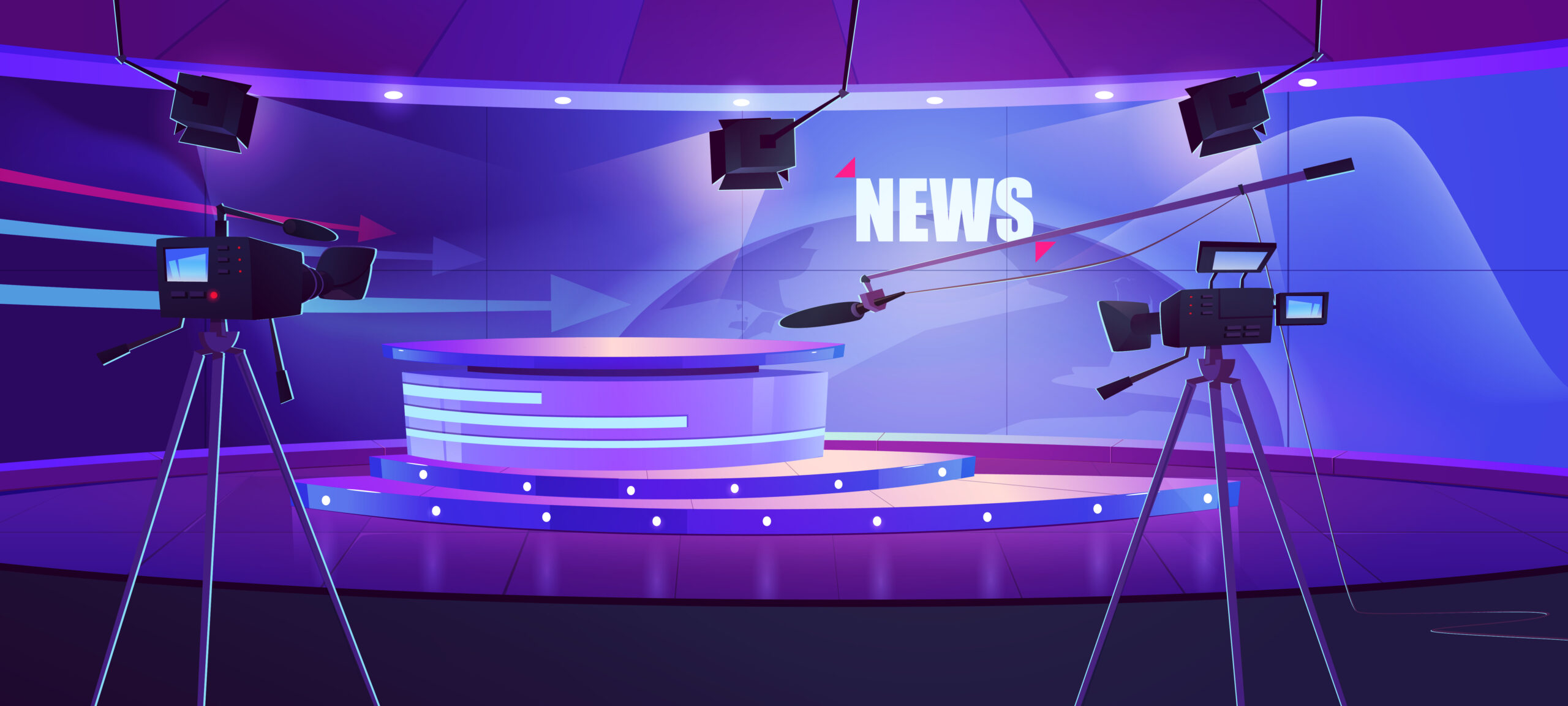 Tv news studio, television broadcast room interior Tv news studio, television broadcast room interior with round table and earth globe on screen. Video channel studio with newscaster desk, lighting equipment and camera, Cartoon vector illustration